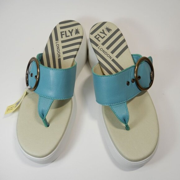 FLY LONDON Dafi SANDALS EU 41 10 10.5 Platform Wedge Thong Turquoise Leather NEW - Picture 5 of 15